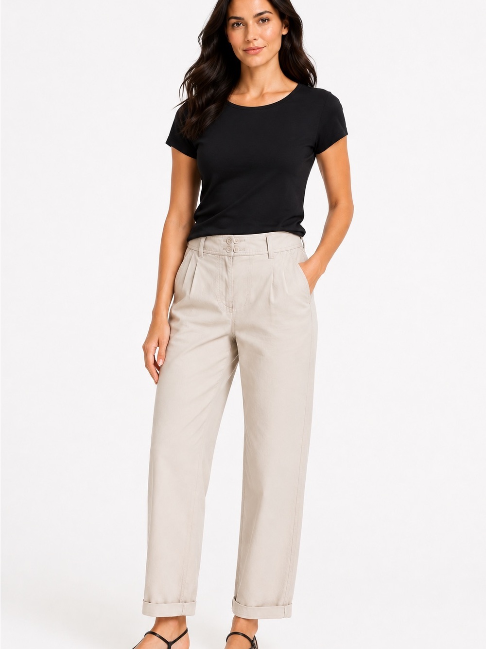 Quince Drapey Pleated Twill Trousers in Light Beige